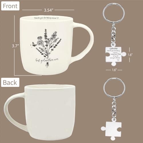Best Godmother Ever Mug 12 Ounces Ceramic Coffee Cup Floral Beige with Keychain, Gift for Godmother Birthday, Mother’s Day, Christmas from Godchild