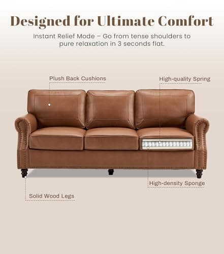 Kingfun Mid-Century Modern Couch, Faux Leather Sofa, 3 Seater Couch for Living Room with Rolled arms & Nailhead Trim, Brown