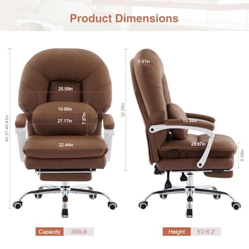 Ergonomic Office Chair for Big and Tall with Lumbar Support,Brown PU Leather High Back Executive Chair with Sedentary Vibration Reminder,Foot Rest,Reclining Function for Long Hours of Home Office
