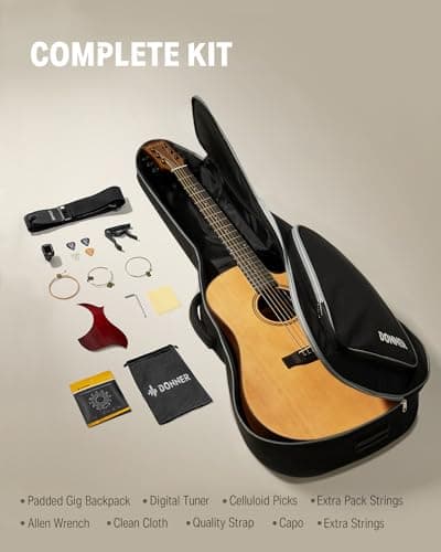 Donner 41” Acoustic Guitar Bundle for Beginners Adults with Online Lesson, 4/4 Full Size Steel Acustica Guitarra with Gig Bag, Tuner, Strap, Strings, Picks, Capos, Cutaway, Natural, DAG-1C/DAD-110C