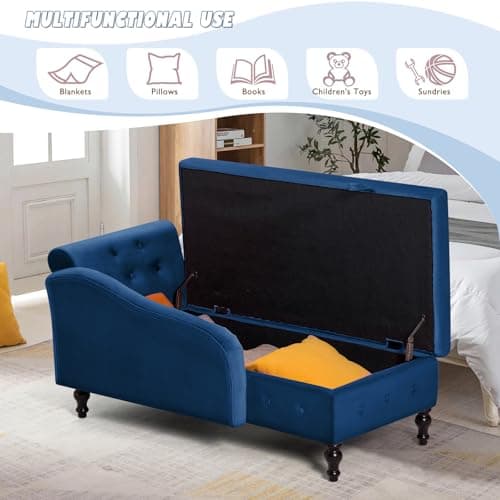 Upholstered Chaise Lounge with Right Armrest & Lumbar Pillow,Button Tufted Lounge Sofa with Storage,Lounge Chair Indoor,Modern Velvet Lounge Chair for Bedroom, Living Room and Office,Blue