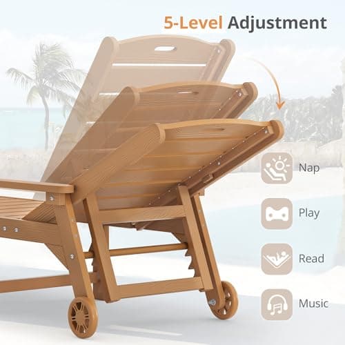 LUE BONA Outdoor Chaise Lounge Chairs Set of 2, HDPS Chaise Lounger, 5 Positions Adjustable Lounge Chairs, Pool Lounge Chair with Wheels for Poolside, Patio, Restaurant, 3 Year Warranty, Teak Color