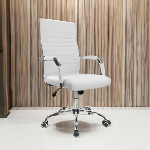 Furmax Ergonomic Office Desk Chair, Executive Ribbed Mid-Back PU Leather Conference Room Chair Adjustable Swivel Chair with Arms (1, White)
