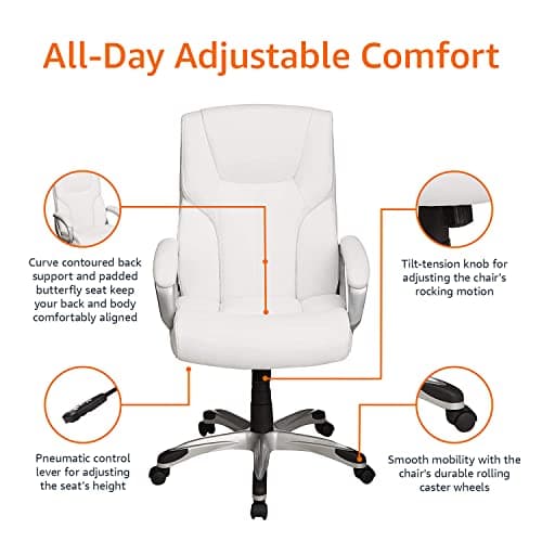 Amazon Basics Executive High Back Office Desk Chair, Adjustable Height, Tilt, Swivel, 275lb Capacity, Bonded Leather, White/Pewter