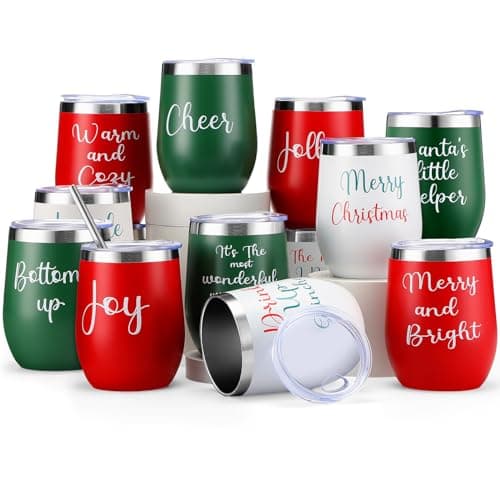 12 Pcs Christmas Wine Tumbler Set, 12 Oz Stainless Steel Double Wall Vacuum Insulated Coffee Mug Stemless Xmas Wine Glasses With Lid Straw Brushes for Women Friends Men Travel Gifts (Texts)