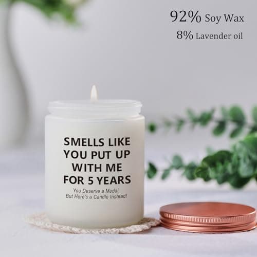 Funny 5th Wedding Gift for Women Men Anniversary, 5 Year Anniversary Wood Themed Gifts for Her Him Wife Husband Girlfriend Boyfriend Presents for Couple Candle