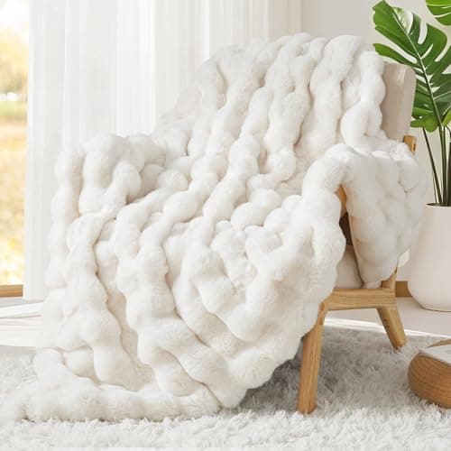 Touchat Luxury 1000GSM Faux Rabbit Fur Throw Blanket, Super Heavy Warm Cozy Blankets for Couch Bed Sofa, Bubble Plush Fuzzy Elegant Soft Reversible Mink Blanket for Living Room Bedroom, Cream White