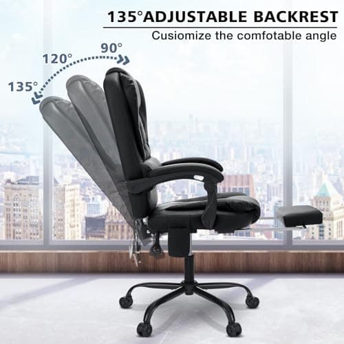 HOFFREE Massage Office Chair with Foot Rest 7 Points Vibration Ergonomic Executive Desk Chair Leather Computer Office Chair Black