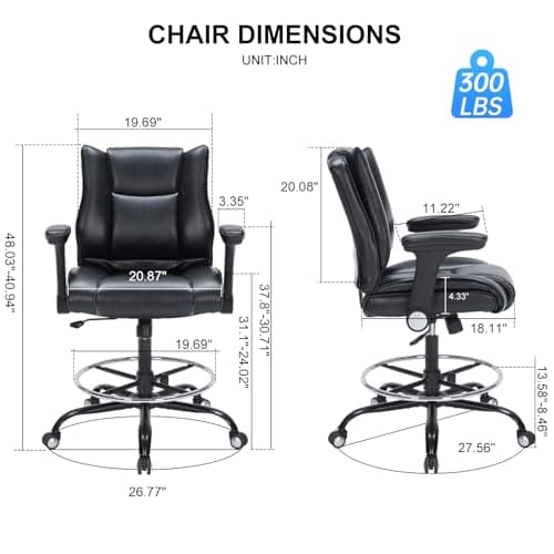 Office Drafting Chair, Tall Desk Chair with Adjustable Armrests and Footrest Ring PU Leather Standing Desk Chair with Extra Thicken Seat Cushion, Comfy High Office Chair for Counter Height Desk, Black