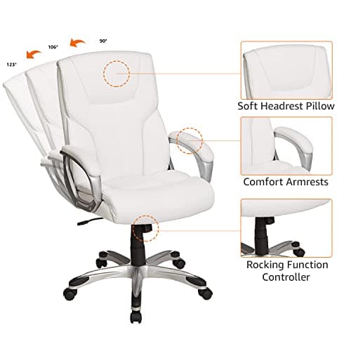 Amazon Basics Executive High Back Office Desk Chair, Adjustable Height, Tilt, Swivel, 275lb Capacity, Bonded Leather, White/Pewter
