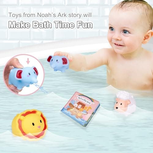 My First Noahs Ark 7 pcs Baptism Gift Set, Dedication, Christening and Baptism Gifts for Girl and Newborn Baby, Includes Washcloth and Hooded Towel,Baby Bath Book, 3 Bath Toys and Gift Bag