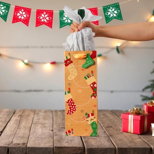 Nihuecne 16 Pack Christmas Wine Bags with Tags & Tissue Paper for Xmas Holiday Gift Wrap,8 Designs (5 x 13 x 4 In)