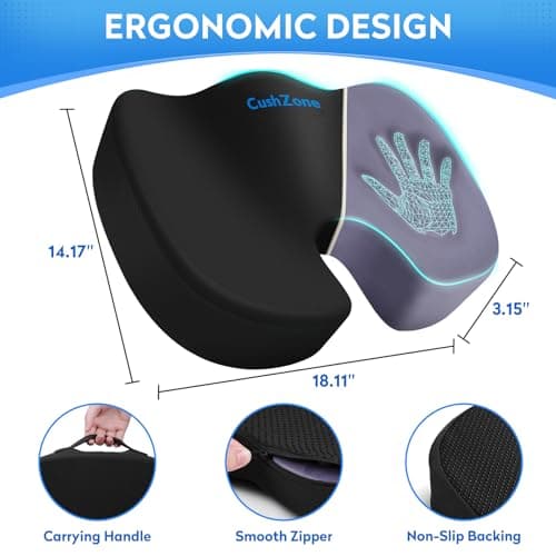 CushZone Seat Cushion - Memory Foam Office Chair Cushion for Sciatica, Tailbone & Back Pain Relief - Orthopedic Coccyx Pillow for Car, Airplane, Pregnancy & Long Sitting at Work, Black