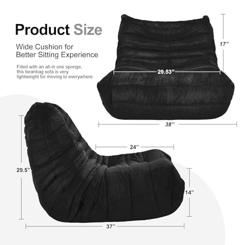 Bean Bag Chairs for Adults Giant Bean Bag Chair Memory Foam BeanBag Chair Bean Bag Sofa with Filler Faux Fur Fireside Beanbags Lazy Sofa for Living Room Bedroom Office (Black Plush, Single)