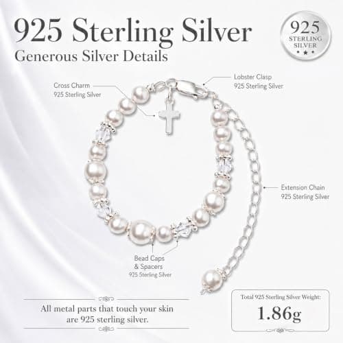 Baptism Bracelet in Sterling Silver and Cultured Pearls for Baby Girls, with Silver-plated Jewelry Keepsake Box, Great Catholic Christening and Baptism Gifts for Girl