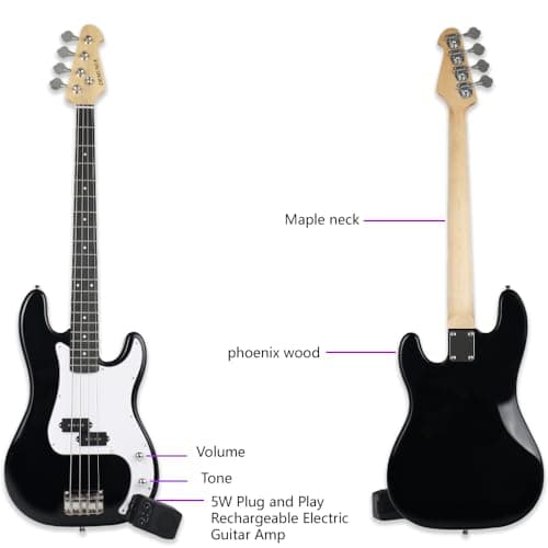 Full size 4strings electric bass guitar kit package black color with 5W portable plug and play amplifier travel amp set with strap gig bag bundle for beginner starter practice (BKPB-30)