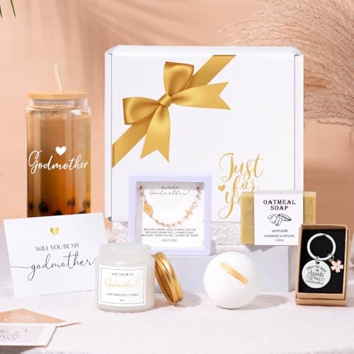 7PCS Godmother Proposal Gift, Will You Be My Godmother 16oz Glass Cup Bracelet Keychain Candle Self Care Gifts Basket for Women, God Mother Proposal Gift