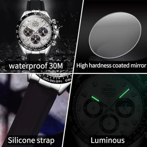 OLEVS Men's Watches Chronograph Multifunction Sport Silicone Luxury Diamond Moon Phase Quartz Male Watch Waterproof Wrist Watch