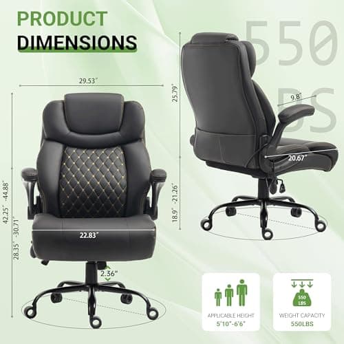 Office Chair, Big and Tall Executive Chairs with Lumbar Support for Back Pain, Breathable Desk Computer Chair with Adjustable Flip-up Armrests, Wide Cushion Swivel Home Office Chair Black PU