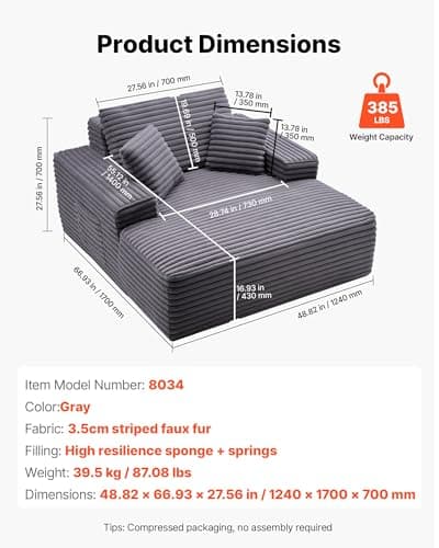 VEVOR Chaise Lounge Chair, 48 in Boneless Chaise Lounge Indoor, Modern Upholstered Oversized Reading Chair with Throw Pillows & Armrests, Sofa Couch Deep Seat Sleeper for Living Room, Bedroom, Balcony