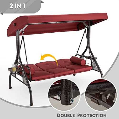 HOMREST 3 Seat Outdoor Porch Swing with Adjustable Canopy, Convertible Patio Swing Bed with Stand, Patio Glider Swing with Upgraded Cup Holder, Thicken Cushions & Pillow for Backyard(Wine Red)