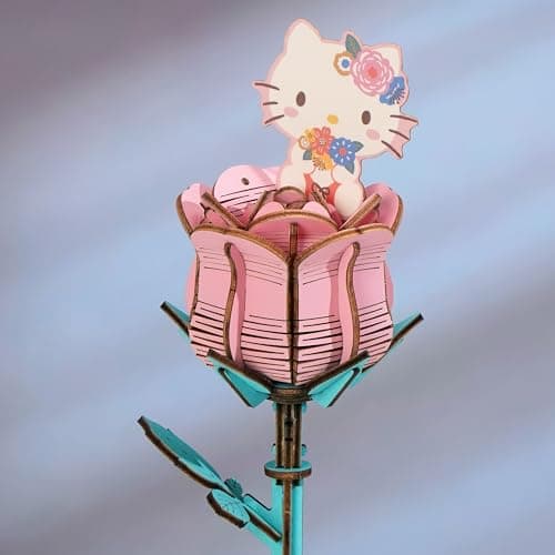Hands Craft Hello Kitty and Friends Pink Rose 3D Wooden Puzzle Kit | DIY Flower Model | Arts & Crafts for Adults & Kids | Creative Hobby Kits | Hello Kitty Collectible | Wood Building Set