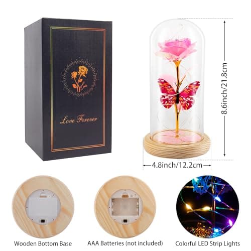 Beferr Christmas Rose Gifts for Women Mom Birthday Gifts, Galaxy Glass Rose Forever Preserved Flowers for Delivery Prime Light Up Rose in Glass Dome with Butterfly Xmas Gifts for Grandma Her Wife