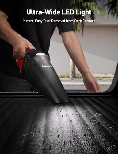 AstroAI Handheld Car Vacuum Cordless with Accessories, Portable Vacuum Cleaner with 12V DC Power, LED Light, Brush, Extended Suction Pipe, Hose, Mini Handheld for Car, Home, Office, and Pet Hair, Red