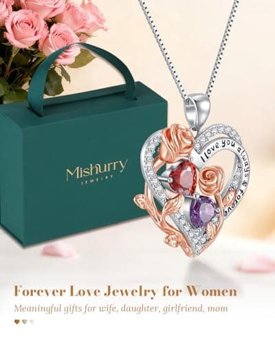 I Love You Birthstone Necklace, 925 Sterling Silver Heart Pendant with CZ Diamond Stones, Birthday Gifts for Women, Romantic Gift for Wife, Girlfriend, Her, Anniversary, Valentine's Day, Christmas