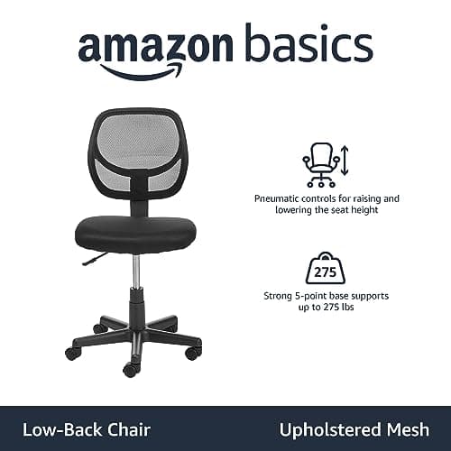Amazon Basics Low Back Office Chair, Breathable Mesh, Height Adjustable, Padded Seat, Rolling Wheels, Swivel, Back Support, Sturdy, 21.25" D x 22.5" W x 38" H, Black