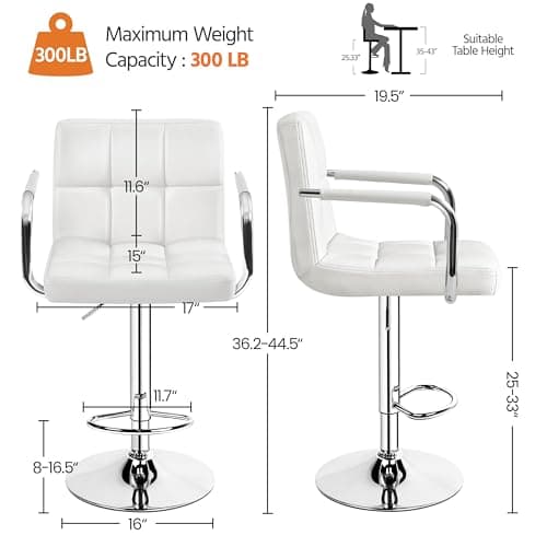 Yaheetech Bar Stools Set of 2, PU Leather Adjustable Swivel Barstools, Hydraulic Kitchen Counter Height Bar Chairs with Armrest and Back for Bar, Kitchen, Dining Room, White