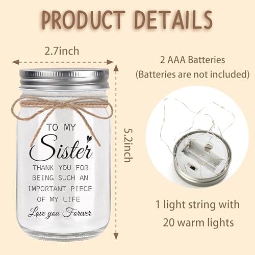 Mason Jar Night Lights with Warm Lights for Sisters, Mothers Day Valentines Day Gifts for Sister, Heartfelt Home Decor Gift Sister Gifts - Unique Sister Birthday Christmas Day Gifts Ideas B0DYV2ZL4M