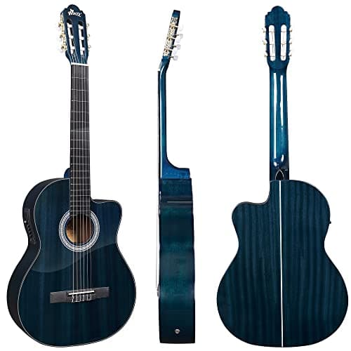 WINZZ AC309CE 39 Inches Cutaway Nylon-string Classical Electric Guitar Build-in Pickup Kit Set Online Lessons, Blue