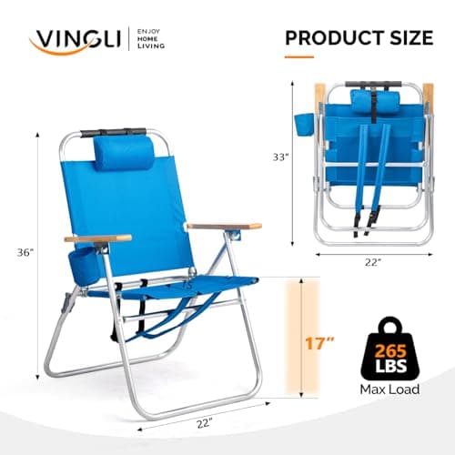 VINGLI 17" Tall Beach Chair, Aluminum Backpack Beach Chairs for Adults, Portable with Adjustable Straps, 3-Position Reclining, Cup Holder, High Lightweight Beach Chairs for Beach