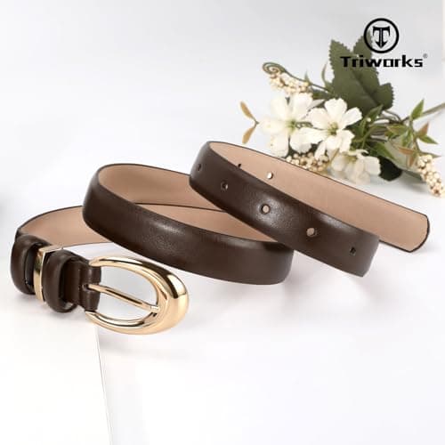 TRIWORKS 2 Pack Women Leather Belt for Jeans Pants Fashion Ladies Skinny Faux Leather Belt with Gold Buckle