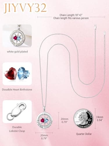 Exquisite Silver Double Birthstone Necklace Jewelry ‘I'd be Lost Without You’ Compass Birthstones Necklace Anniversary Birthday Gift for Wife Her B0GRGDWLWL