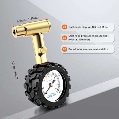 GODESON 1.5-Inch Bike Tire Pressure Gauge, Dual-Valve for Presta & Schrader Valves, 0-160 PSI/11 BAR with Gear Protection Sleeve, Fits MTB, Road, E-Bikes, Motorcycles & Trucks
