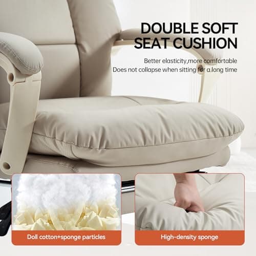 EMIAH Office Chair with Foot Rest, Ergonomic Executive Office Chair with Arms, Reclining High Back PU Leather Comfy Swivel Computer Desk Chairs with Wheels and Lumbar Support for Home Office, Beige
