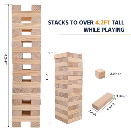 Giant Tumble Tower Games for Kids and Adults 57 Blocks New Zealand Pine Wooden Blocks Stacking to Over 4.2FT Family Game for Indoors Outdoors Yard Games for Family