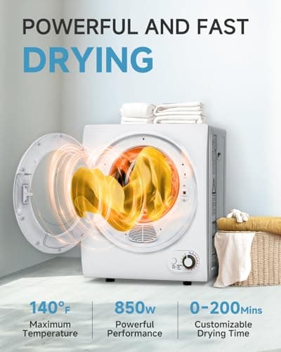 Feelfunn 110V Portable Dryer – 850W Compact Clothes Dryer with 4 Automatic Drying Modes, Stainless Steel Tub, Simple Control Knob for Apartments, Dorms & Small Spaces
