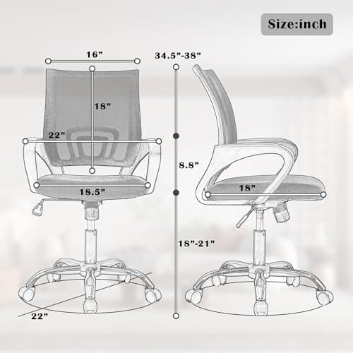 MKDLUFEI Office Chair, Ergonomic Cheap Desk Chair with Lumbar Support, Adjustable Mid Back Task Rolling Swivel for Home Office Student, Adults,Study, Grey