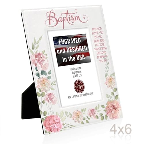 KATE POSH Baptism Picture Frame for Girl, Pink Flowers Decor, Christening, Religisous Gift, From Godparents, New Baby (4x6-Vertical)
