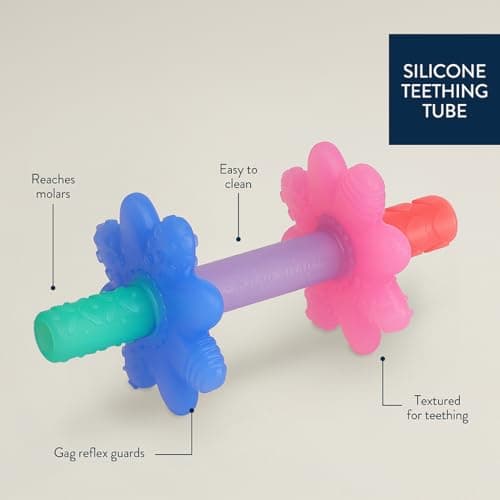 Itzy Ritzy Teensy Tube Teether – Textured Hollow Baby Teething Tube That Reaches Front Teeth & Back Molars, Made of Soft Silicone (Pink Rainbow)