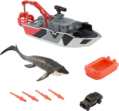 Matchbox Toy Car Playset, Jurassic World 12.5” Dino Boat with 13” Mosasaurus Dinosaur, 1:64 Die-Cast Jeep, Harpoon Missiles & Detachable Rescue Boat