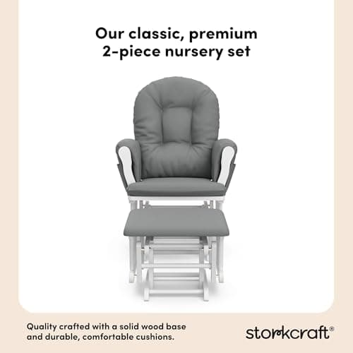 Storkcraft Premium Hoop Glider & Ottoman (White/Gray) — GREENGUARD Gold Certified Nursery Glider, Solid Wood Craftsmanship, Smooth-Gliding, Award-Winning