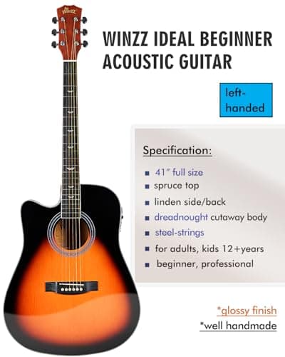 Winzz 4/4 Electro Acoustic Guitar, Left-Handed Western Guitar Set, Adult Beginners, Acoustic Guitar 41 Inch with 4-Band Equaliser (Dreadnought,Glossy Sunburst)