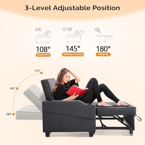 VINGLI Convertible Loveseat Sleeper, Black Faux Leather Futon Sofa Bed Pullout Couch Bed with USB Ports, Cup Holders, Armrest for Living Room, Bedroom, Home Office Apartment