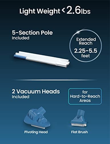KOKIDO Rechargeable Handheld Hot Tub Spa Pool Vacuum, IPX8, Aluminum Pole and 2 Brush Heads, Cordless, Ideal for Light-Duty Spot Cleaning Spas and Small Pools up to 20ft, 60-min, Sand and Debris XV110