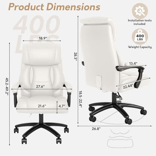 Ollega Reclining Office Chair, Executive Big and Tall Office Chair with Wide Seat, Recliner Leather High Back Computer Desk Chairs (White)