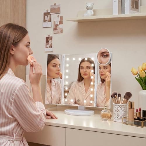 HUONUL Makeup Mirror Vanity Mirror with Lights, 2X, 3X, 10X Magnification, Touch Control, Trifold, White, 9.4" L x 13.4" W, Modern Style, Dresser Mount, Bathroom